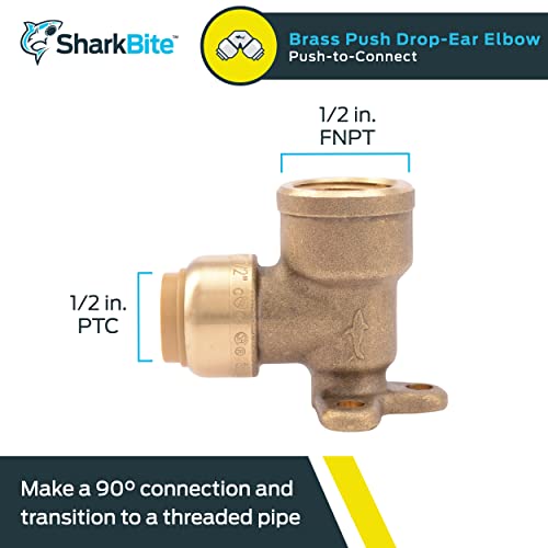 SharkBite 1/2 Inch x 1/2 Inch Drop Ear Elbow, FNPT, Push to Connect Brass Plumbing Fitting, PEX Pipe, Copper, CPVC, PE-RT, HDPE, U334LFA - Image 2