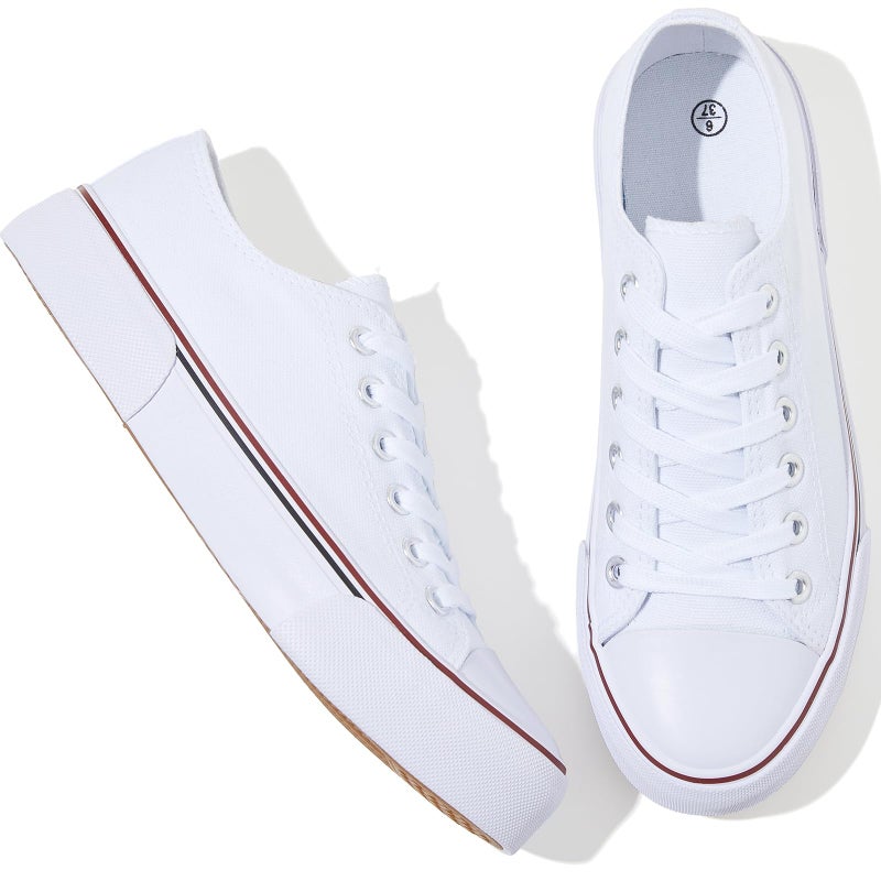 Adokoo Canvas Tennis Shoes for Women Low Top Casual White Black Sneakers for Women Lace Up Fashion Comfortable Walking Shoes (White,10) - Image 1