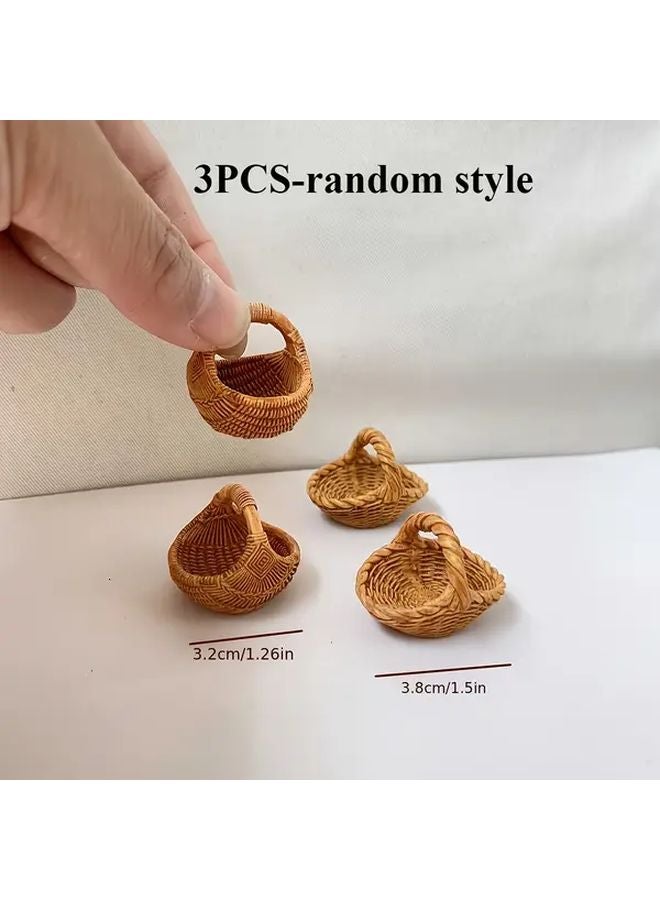 3pcs Mini Resin Bamboo Baskets For Dollhouse Kitchen Decor And Photography Props - Image 1