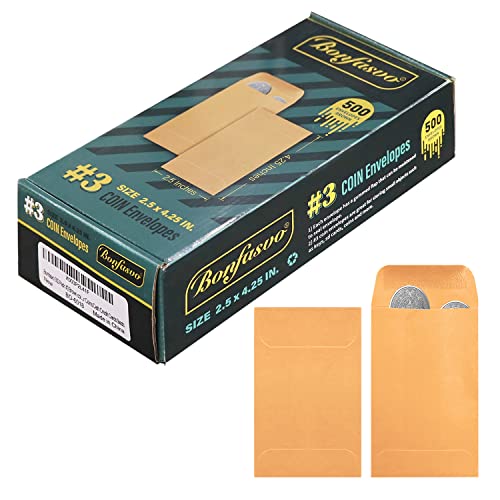 Bonfasvo 500 Pack #3 Brown coin envelope 2.5 x 4.25 inches Kraft Envelopes Classic Small Parts Envelopes with Self Adhesive Gummed Flap for Coins Cash Credit Cards Seeds - Image 1