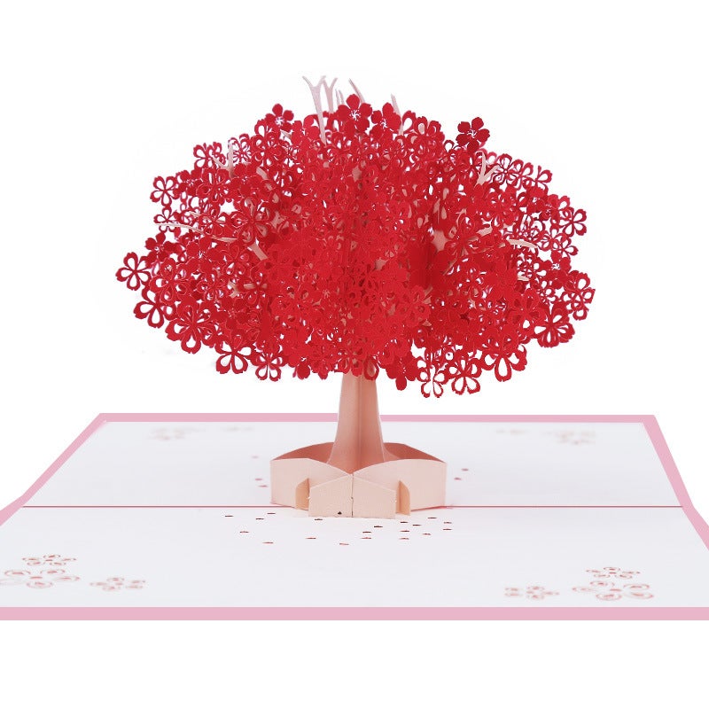 Creative Stereo Paper Carving Red Romantic Cherry Blossom 3D Stereo Greeting Card Cherry Blossom Tree Holiday Blessing Card - Image 2