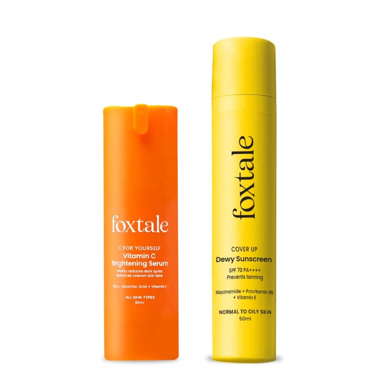 Foxtale Glow  Guard Duo  SPF 70 Dewy Finish Sunscreen  15 Vitamin C Serum  BroadSpectrum UV Protection  Hydrating Brightening Tan Prevention  Niacinamide Peptides Vitamin E  For All Skin Types  Summer Skincare Essential  50ml  30ml - Image 1