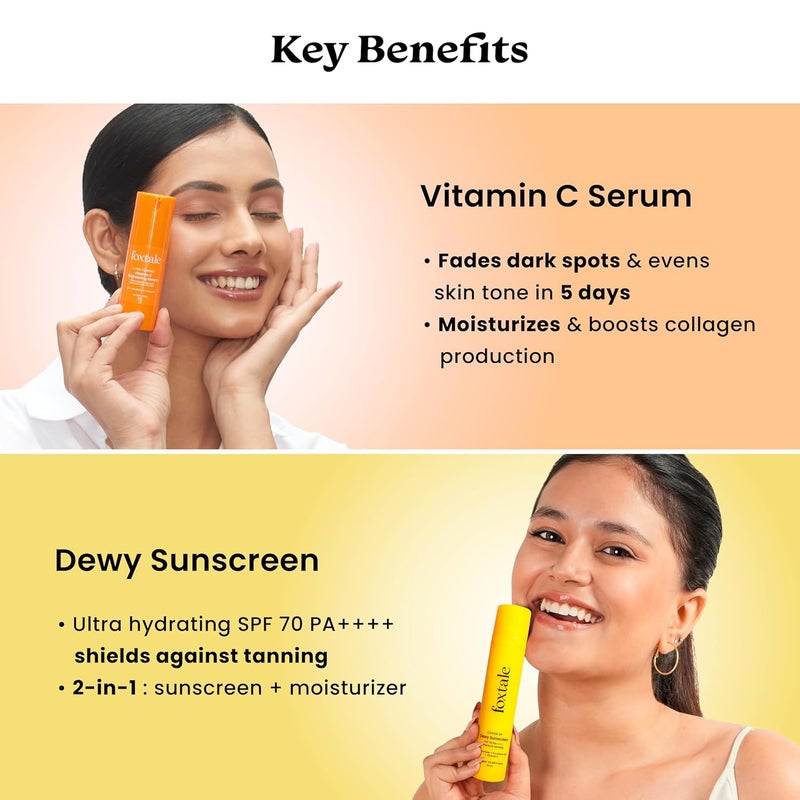 Foxtale Glow  Guard Duo  SPF 70 Dewy Finish Sunscreen  15 Vitamin C Serum  BroadSpectrum UV Protection  Hydrating Brightening Tan Prevention  Niacinamide Peptides Vitamin E  For All Skin Types  Summer Skincare Essential  50ml  30ml - Image 3