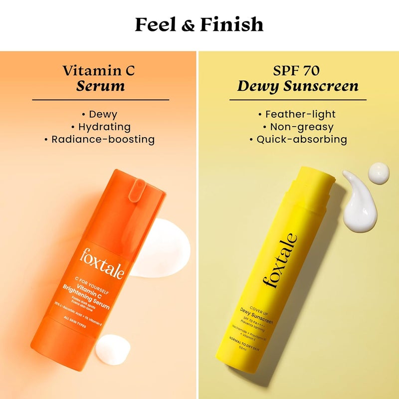 Foxtale Glow  Guard Duo  SPF 70 Dewy Finish Sunscreen  15 Vitamin C Serum  BroadSpectrum UV Protection  Hydrating Brightening Tan Prevention  Niacinamide Peptides Vitamin E  For All Skin Types  Summer Skincare Essential  50ml  30ml - Image 5