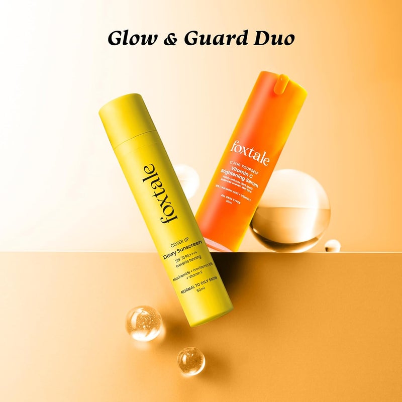 Foxtale Glow  Guard Duo  SPF 70 Dewy Finish Sunscreen  15 Vitamin C Serum  BroadSpectrum UV Protection  Hydrating Brightening Tan Prevention  Niacinamide Peptides Vitamin E  For All Skin Types  Summer Skincare Essential  50ml  30ml - Image 2