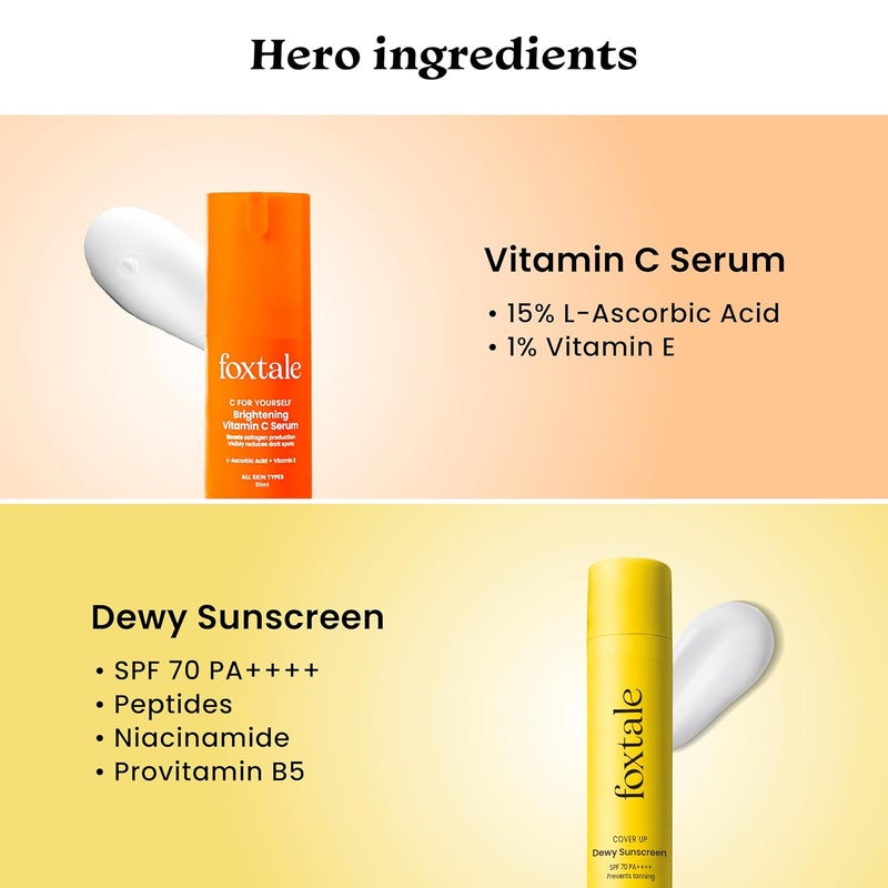 Foxtale Glow  Guard Duo  SPF 70 Dewy Finish Sunscreen  15 Vitamin C Serum  BroadSpectrum UV Protection  Hydrating Brightening Tan Prevention  Niacinamide Peptides Vitamin E  For All Skin Types  Summer Skincare Essential  50ml  30ml - Image 4