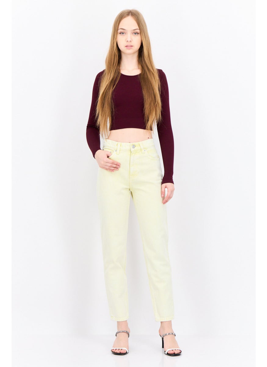 MANGO Women Mom Fit Wash Non-Stretchable Denim, Yellow  - Image 4