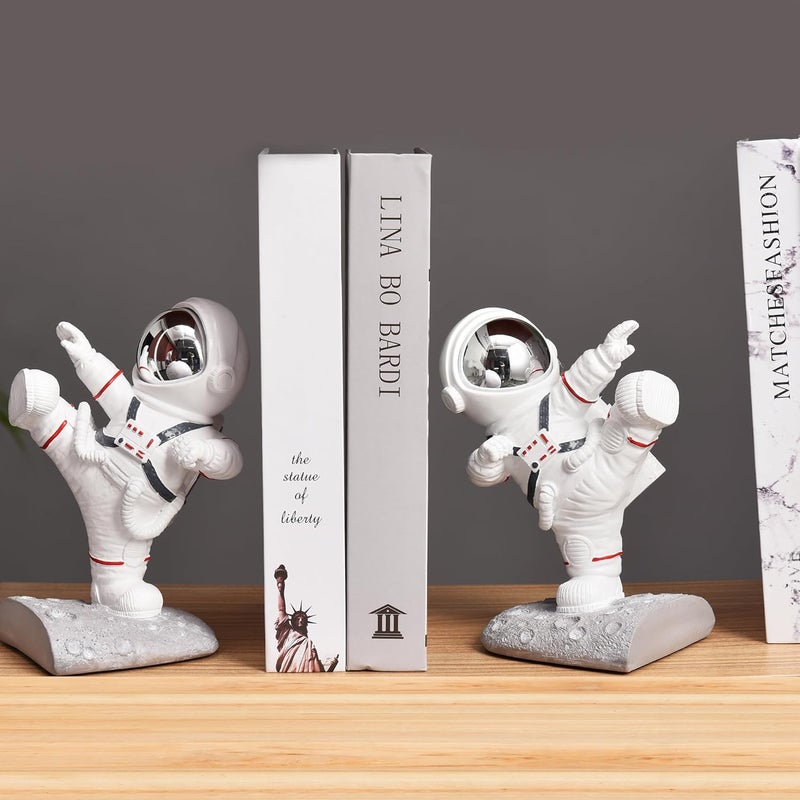 Kakizzy White Book Ends for Kids, Upgraded Astronaut Bookends Resin Spaceman Book Holders for Shelves Sturdy Book Stopper Book Ends to Hold Books Unique Outer Space Book Shelf Ends(F2-Silver Color) - Image 5