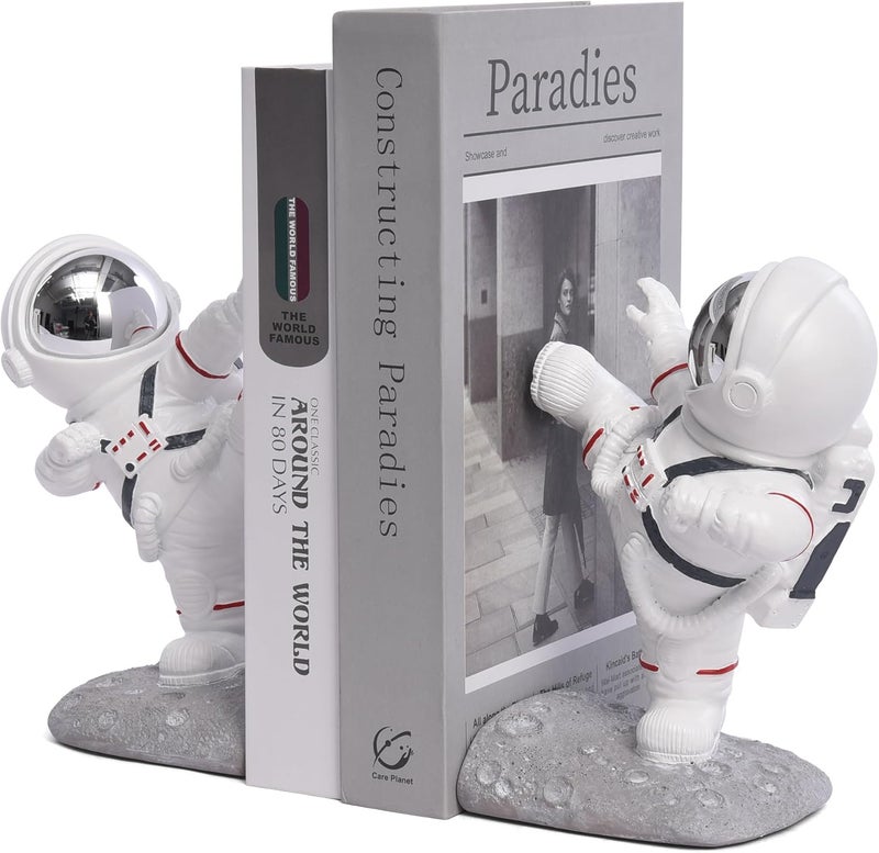 Kakizzy White Book Ends for Kids, Upgraded Astronaut Bookends Resin Spaceman Book Holders for Shelves Sturdy Book Stopper Book Ends to Hold Books Unique Outer Space Book Shelf Ends(F2-Silver Color) - Image 4