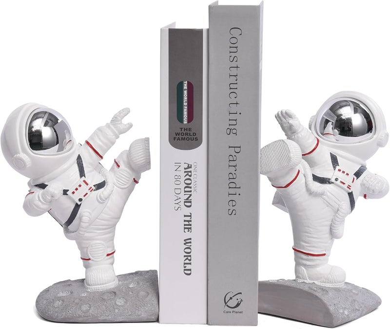 Kakizzy White Book Ends for Kids, Upgraded Astronaut Bookends Resin Spaceman Book Holders for Shelves Sturdy Book Stopper Book Ends to Hold Books Unique Outer Space Book Shelf Ends(F2-Silver Color) - Image 1