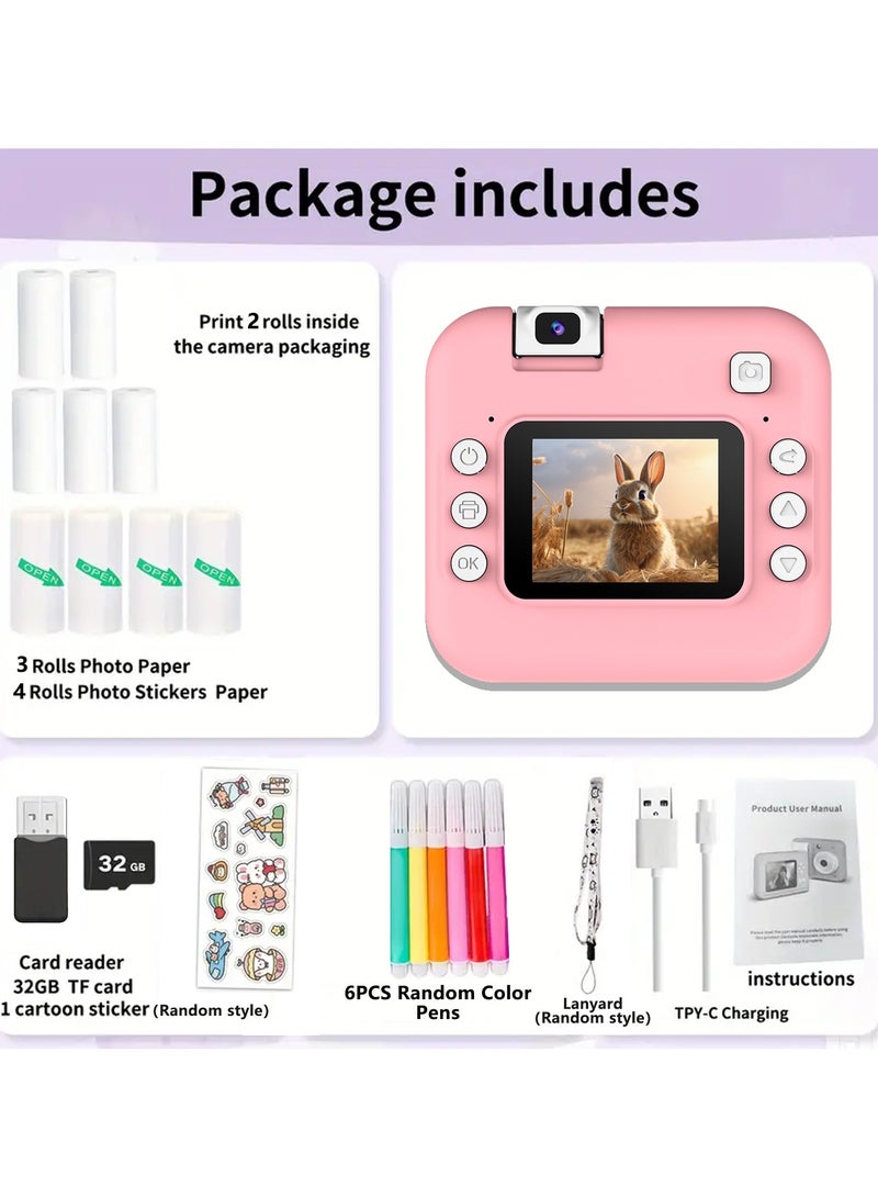 Generic Instant Print Camera for Kids, 1080P Instant Print Dual Camera, Photo and Video, 2.4 Inch IPS LCD Screen Ink-Free Thermal Printing, Includes 3 Rolls of Paper & Up to 32G Memory Card，Includes 5 rolls of photo paper4 rolls of photo stickers32GB TF card, card reader6 color pens Sling  - Image 1