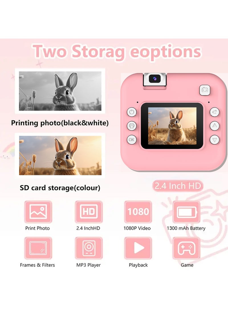 Generic Instant Print Camera for Kids, 1080P Instant Print Dual Camera, Photo and Video, 2.4 Inch IPS LCD Screen Ink-Free Thermal Printing, Includes 3 Rolls of Paper & Up to 32G Memory Card，Includes 5 rolls of photo paper4 rolls of photo stickers32GB TF card, card reader6 color pens Sling  - Image 2