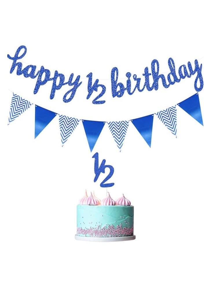 3 Pcs Half Birthday Decorations Set Include 6 Months Happy 1/2 Birthday Banner, Glitter 1/2 Half Year Cake Topper, Triangle Flag Banner for Baby Shower Party Photoshoot Props, Pre-strung(Dark Blue) - Image 1