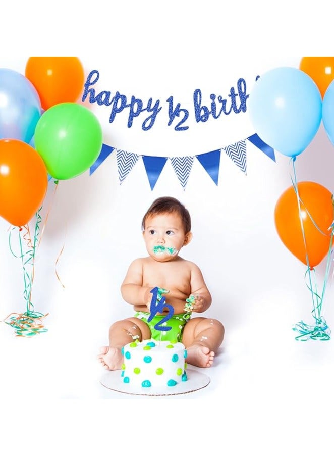 3 Pcs Half Birthday Decorations Set Include 6 Months Happy 1/2 Birthday Banner, Glitter 1/2 Half Year Cake Topper, Triangle Flag Banner for Baby Shower Party Photoshoot Props, Pre-strung(Dark Blue) - Image 4