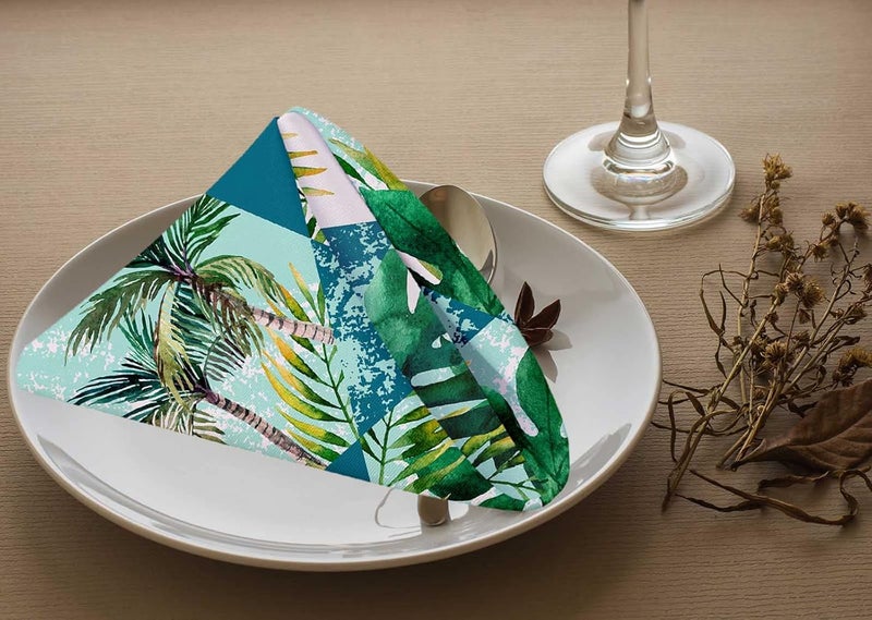Yibeas Geometric Shapes Palm Trees Cloth Napkins Set of 4 Soft Watercolor Tropical Leaves Hexagon and Triangle Washable and Reusable Dinner Napkins for Weddings Parties 18 x 18 inch - Image 3