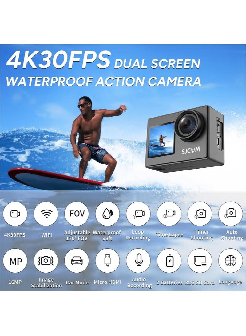 SJCAM Upgraded SJ4000 Action Camera Dual Screen 4K30FPS Ultra HD Underwater Camera Waterproof 170° Wide-Angle Motorcycle Helmet Camera with Stabilization, 2 Batteries and Accessories - Image 2