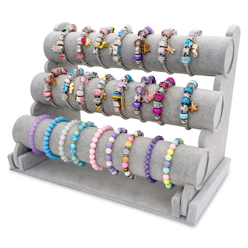 powerking Jewellery Organiser Watch Stand, 3 Tier Detachable Grey Velvet T-Bar Bracelet Holder Stand Watch Display Stands for Valentines Gift - Image 1