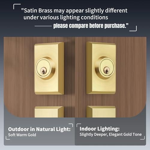 Gaurqiah Brushed Gold Heavy Duty Front Door Handle Set, Exterior Door Lock Set with Single Cylinder Deadbolt,Reversible for Right & Left Side, Satin Brass - Image 3