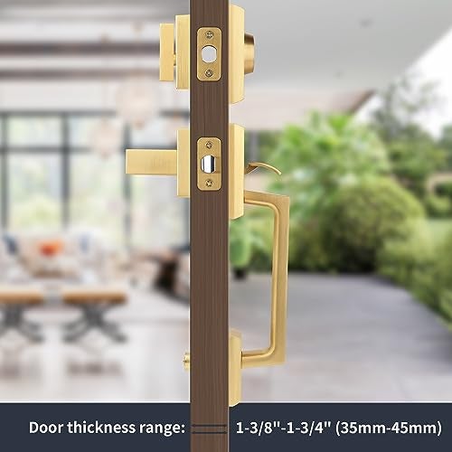 Gaurqiah Brushed Gold Heavy Duty Front Door Handle Set, Exterior Door Lock Set with Single Cylinder Deadbolt,Reversible for Right & Left Side, Satin Brass - Image 2
