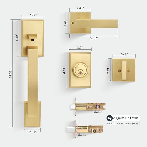 Gaurqiah Brushed Gold Heavy Duty Front Door Handle Set, Exterior Door Lock Set with Single Cylinder Deadbolt,Reversible for Right & Left Side, Satin Brass - Image 5