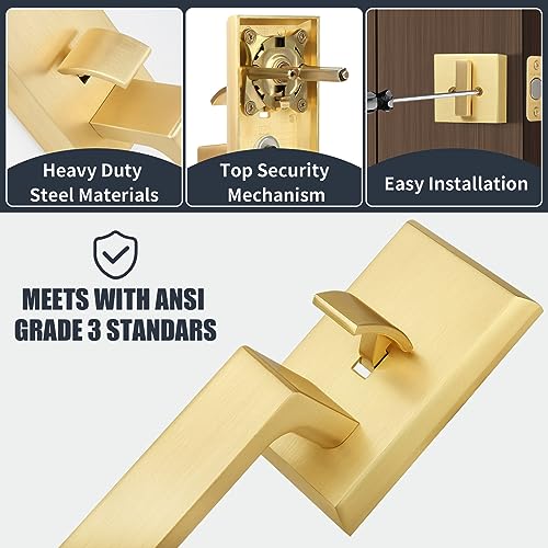 Gaurqiah Brushed Gold Heavy Duty Front Door Handle Set, Exterior Door Lock Set with Single Cylinder Deadbolt,Reversible for Right & Left Side, Satin Brass - Image 4