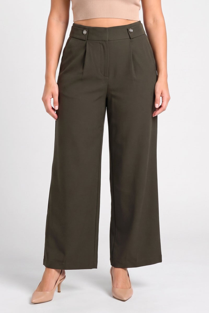 VERO MODA Women Regular Fit 32 Inseam Solid Wide Leg Pants, Dark Olive - Image 1