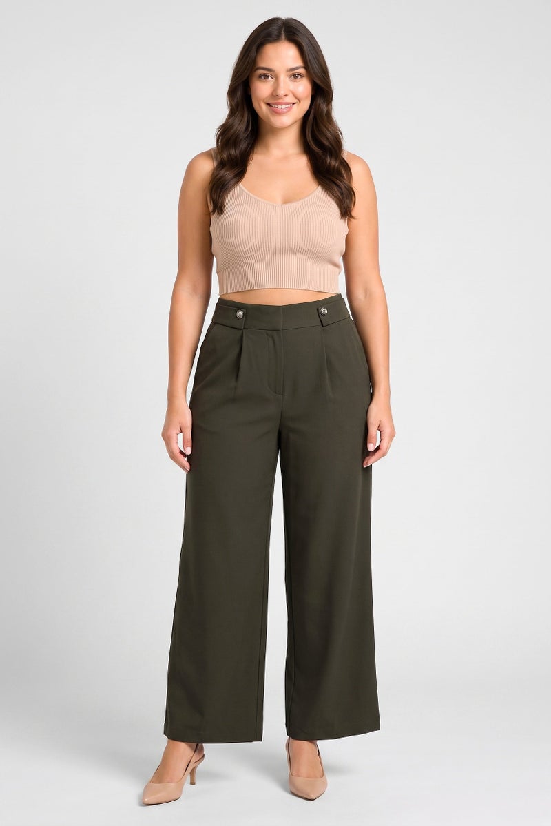 VERO MODA Women Regular Fit 32 Inseam Solid Wide Leg Pants, Dark Olive - Image 2