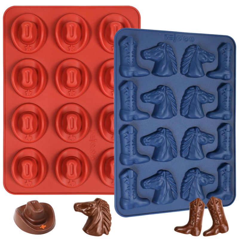 Webake Cowboy Chocolate Molds Shaped with Cowboy Hat Cowboy Boot and Horse Cowboy Silicone Mold for Cupcakes Cakesicle Decorations Western Themed Party Pack of 2