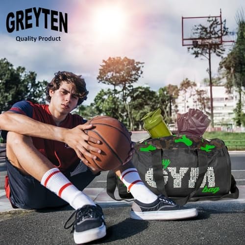 GREYTEN Gym Bag for Men & Women, Small Duffel Bag for Sports, Gyms, Duffel Bag Gym Bag, Polyester Sports Duffle/Shoulder/Gym Bag for Tennis, Dance, Golf, Football, Crossfit & Swimming (Camo Green) - Image 4