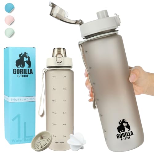 Gorilla E-Tribe Black Water Bottle Time Marker (32oz) - Daily Intake Tracking - BPA Free & Leak Proof Protein Shake Bottle - Ideal for Gym, Office, School & Hiking - Image 1