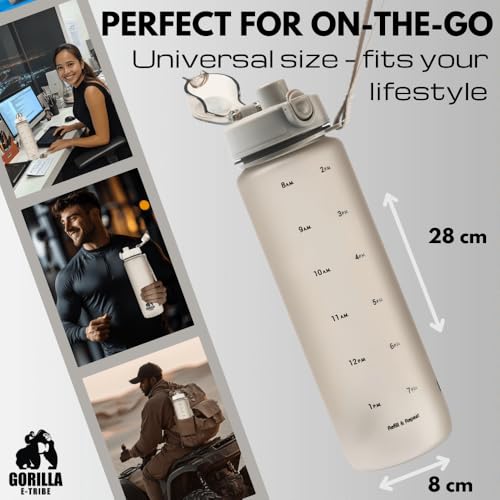Gorilla E-Tribe Black Water Bottle Time Marker (32oz) - Daily Intake Tracking - BPA Free & Leak Proof Protein Shake Bottle - Ideal for Gym, Office, School & Hiking - Image 5