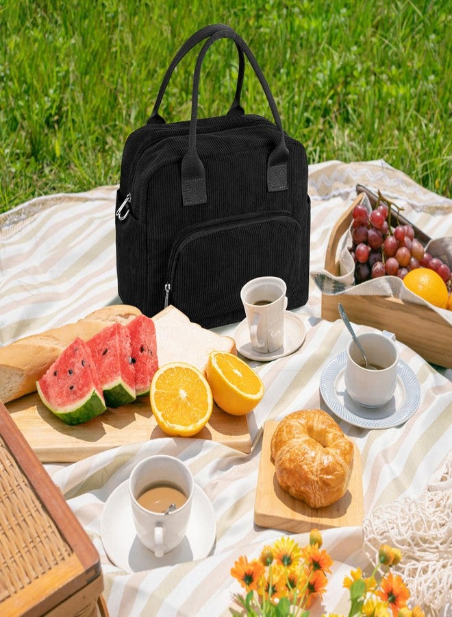 FITDON Insulated Lunch Bag for Women Men, Corduroy Cooler Bag Lunch Box Container Large Lunch Tote Bag for Work School Picnic Travel, Black - Image 2