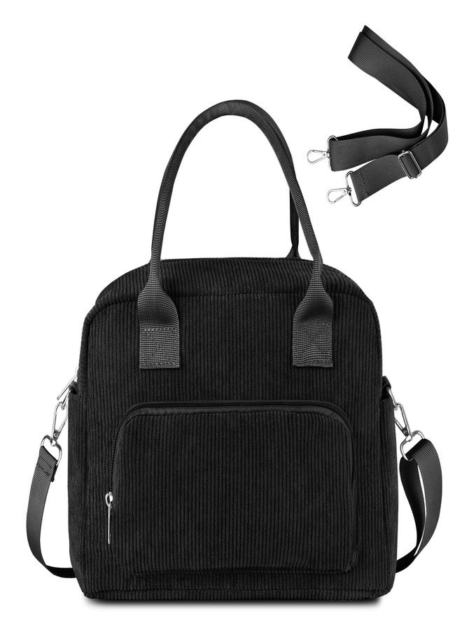 FITDON Insulated Lunch Bag for Women Men, Corduroy Cooler Bag Lunch Box Container Large Lunch Tote Bag for Work School Picnic Travel, Black - Image 1