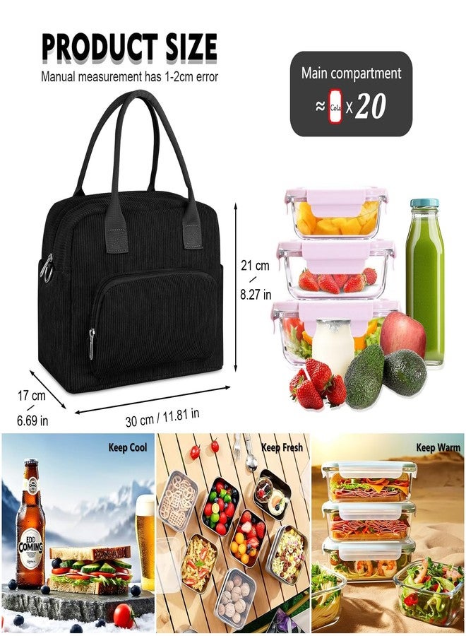 FITDON Insulated Lunch Bag for Women Men, Corduroy Cooler Bag Lunch Box Container Large Lunch Tote Bag for Work School Picnic Travel, Black - Image 5