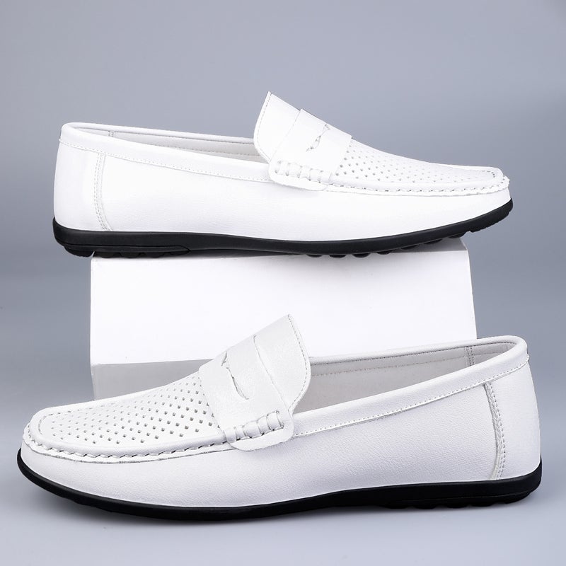 Men'S Shoes 2024 Hollow Hole Mesh Leather Shoes Soft Sole Business Casual Shoes Breathable White Shoes - Image 5