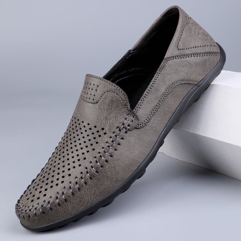 Men'S Shoes 2024 Hollow Hole Mesh Leather Shoes Soft Sole Business Casual Shoes Breathable White Shoes - Image 1