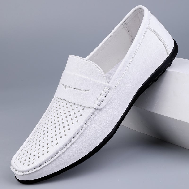 Men'S Shoes 2024 Hollow Hole Mesh Leather Shoes Soft Sole Business Casual Shoes Breathable White Shoes - Image 2