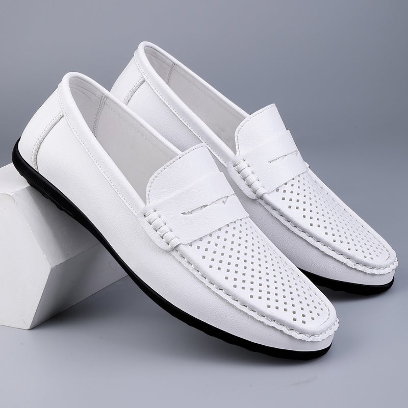 Men'S Shoes 2024 Hollow Hole Mesh Leather Shoes Soft Sole Business Casual Shoes Breathable White Shoes - Image 4