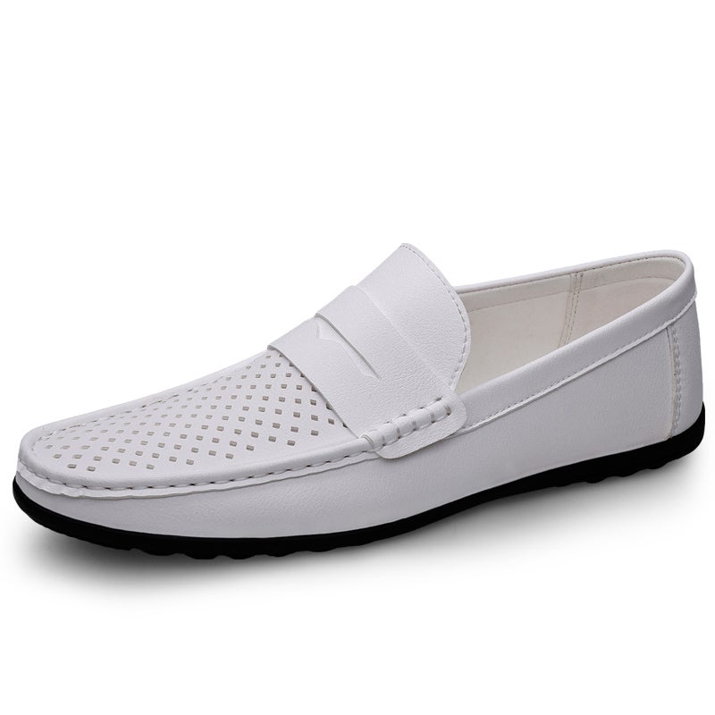 Men'S Shoes 2024 Hollow Hole Mesh Leather Shoes Soft Sole Business Casual Shoes Breathable White Shoes - Image 3