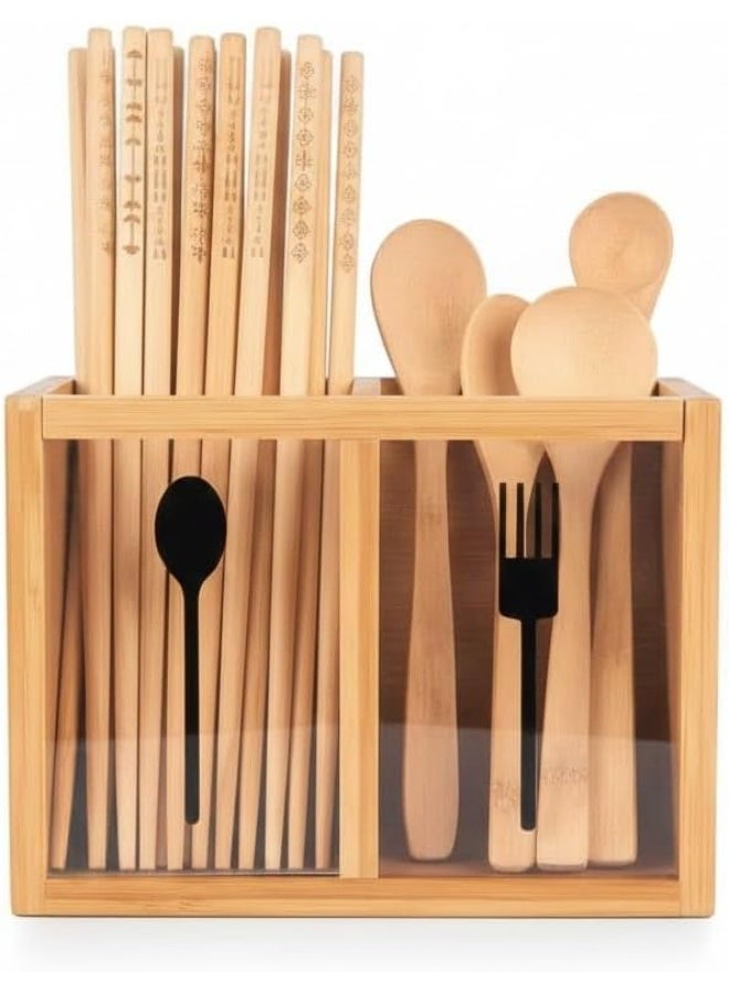 Bamboo & Acrylic Utensil Organizer, Cutlery Holder for Kitchen Counter & Dining Table - Image 1