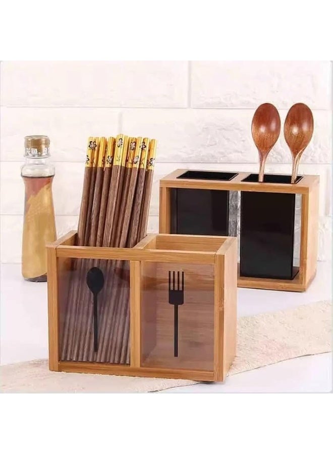 Bamboo & Acrylic Utensil Organizer, Cutlery Holder for Kitchen Counter & Dining Table - Image 2