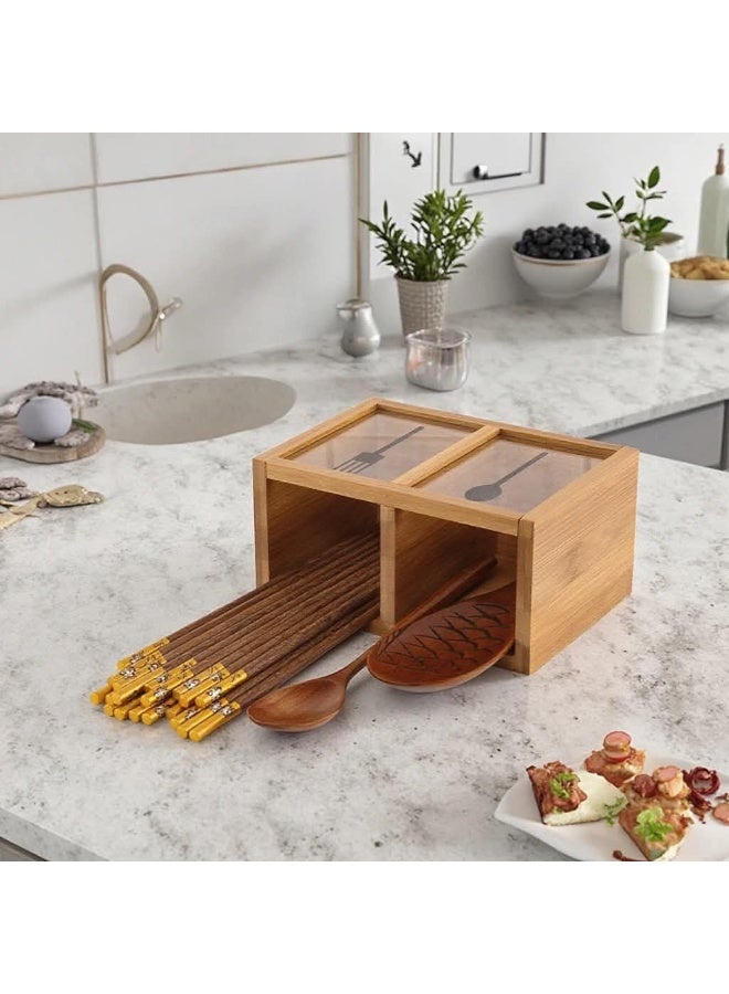 Bamboo & Acrylic Utensil Organizer, Cutlery Holder for Kitchen Counter & Dining Table - Image 4