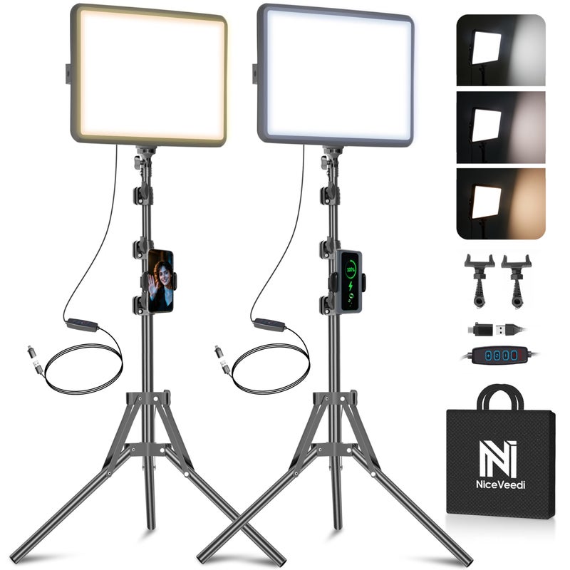 NiceVeedi 2-Pack LED Video Light Kit, NiceVeedi Studio Light, 2800-6500K Dimmable Photography Lighting Kit with Tripod Stand&Phone Holder, 73" Stream Light for Video Recording, Game Streaming, YouTube - Image 1