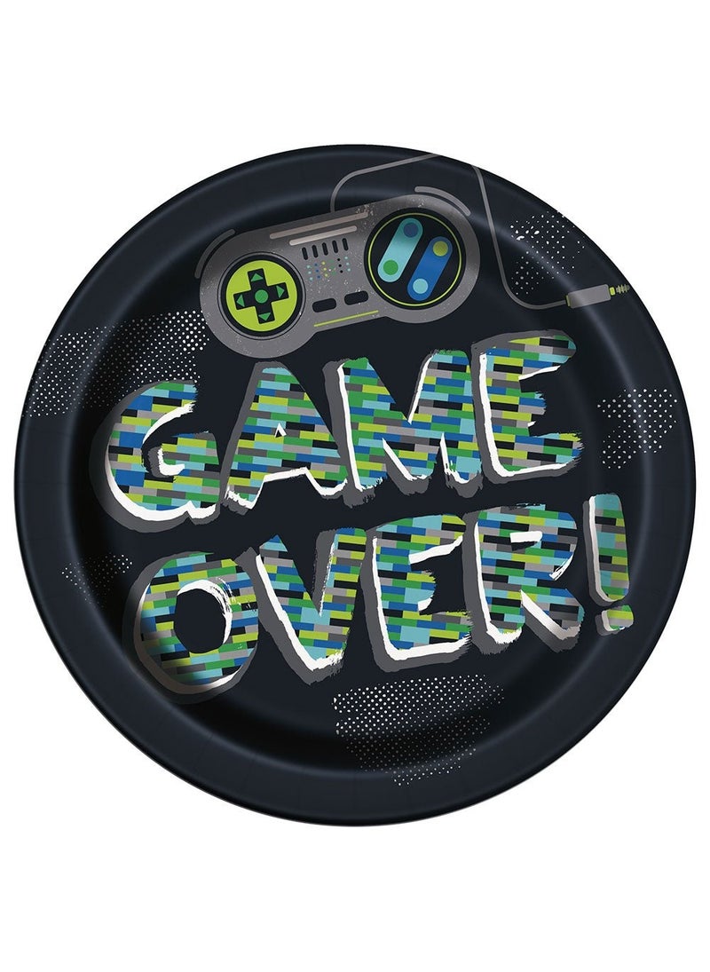 Unique Game Over Disposable Paper Plates Black 22cm 8-Pack - Image 1