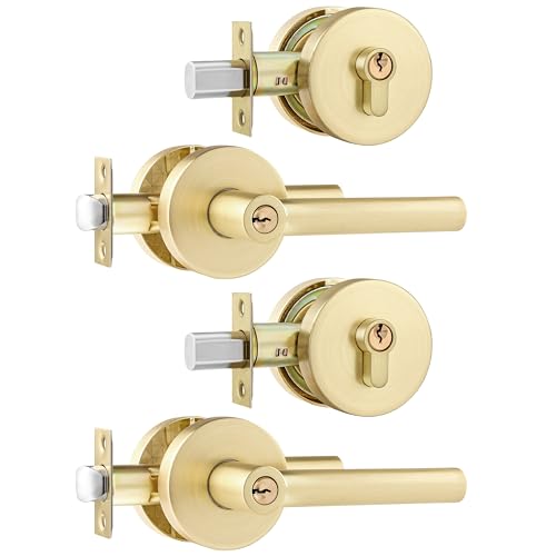 Leydebong 2 Pack Round Entry Lever Door Handle and Single Cylinder Deadbolt Locking Lever Handle Set [Front Door or Office] Right & Left Sided Doors Heavy Duty – Satin Brass Finish - Image 1