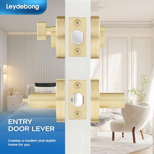 Leydebong 2 Pack Round Entry Lever Door Handle and Single Cylinder Deadbolt Locking Lever Handle Set [Front Door or Office] Right & Left Sided Doors Heavy Duty – Satin Brass Finish - Image 3