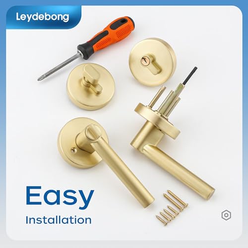 Leydebong 2 Pack Round Entry Lever Door Handle and Single Cylinder Deadbolt Locking Lever Handle Set [Front Door or Office] Right & Left Sided Doors Heavy Duty – Satin Brass Finish - Image 4