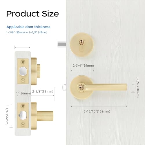 Leydebong 2 Pack Round Entry Lever Door Handle and Single Cylinder Deadbolt Locking Lever Handle Set [Front Door or Office] Right & Left Sided Doors Heavy Duty – Satin Brass Finish - Image 5