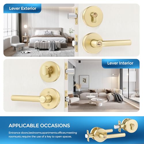 Leydebong 2 Pack Round Entry Lever Door Handle and Single Cylinder Deadbolt Locking Lever Handle Set [Front Door or Office] Right & Left Sided Doors Heavy Duty – Satin Brass Finish - Image 2