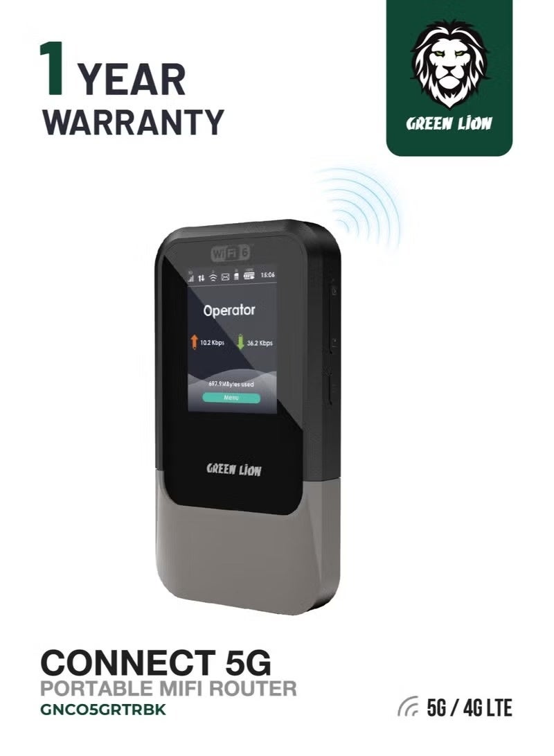 جرين ليون جهاز توجيه MiFi محمول بتقنية 5G مزود بشاشة TFT مقاس 2.4 بوصة / وقت استخدام يصل إلى 12 ساعة / إعداد التوصيل والتشغيل / دعم Nano SIM و eSIM / مسافة إشارة 100 متر / تكوين تلقائي / منفذ شحن USB-C - أسود - Image 1